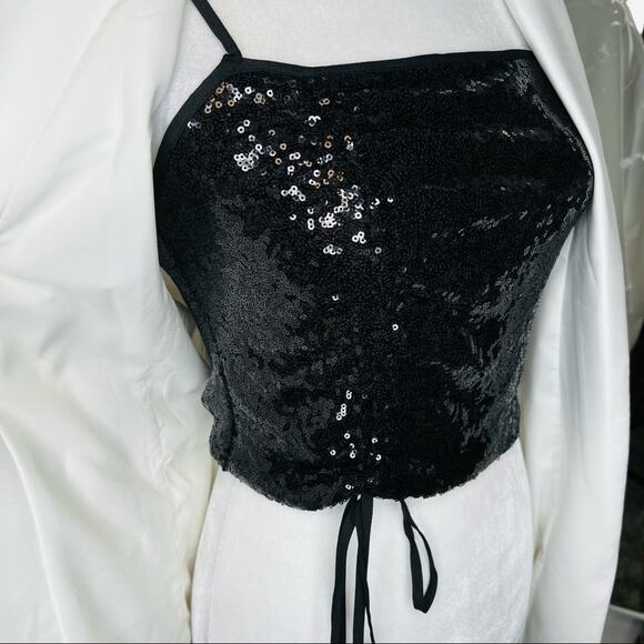 WAYF Black Sequin Crop Cami Top Size S Ruched Front Drawstring Tie NWT - Picture 12 of 12